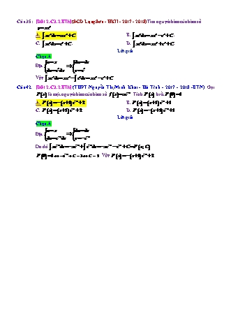 Trắc nghiệm Đại số Lớp 12 tách từ đề thi thử THPT Quốc gia - Chương 3 - Bài 2: Phương pháp tìm nguyên hàm - Mức độ 2.4 - Năm học 2017-2018 (Có đáp án)