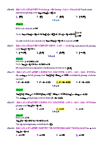 Trắc nghiệm Đại số Lớp 12 tách từ đề thi thử THPT Quốc gia - Chương 2 - Bài 6: Phương trình. Bất phương trình Logarit - Mức độ 1.2 - Năm học 2017-2018 (Có đáp án)