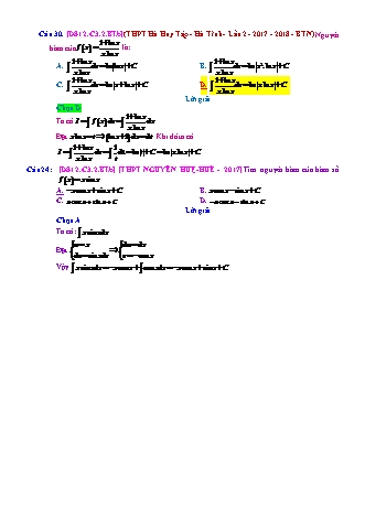 Trắc nghiệm Đại số Lớp 12 tách từ đề thi thử THPT Quốc gia - Chương 3 - Bài 2: Phương pháp tìm nguyên hàm - Mức độ 2.1 - Năm học 2017-2018 (Có đáp án)