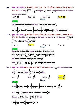 Trắc nghiệm Đại số Lớp 12 tách từ đề thi thử THPT Quốc gia - Chương 3 - Bài 4: Phương pháp tính tích phân - Mức độ 3.5 - Năm học 2017-2018 (Có đáp án)
