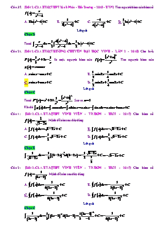 Trắc nghiệm Đại số Lớp 12 tách từ đề thi thử THPT Quốc gia - Chương 3 - Bài 1: Nguyên hàm cơ bản - Mức độ 2.2 - Năm học 2017-2018 (Có đáp án)