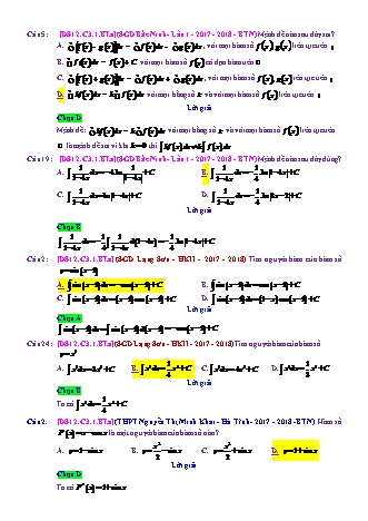 Trắc nghiệm Đại số Lớp 12 tách từ đề thi thử THPT Quốc gia - Chương 3 - Bài 1: Nguyên hàm cơ bản - Mức độ 1.5 - Năm học 2017-2018 (Có đáp án)