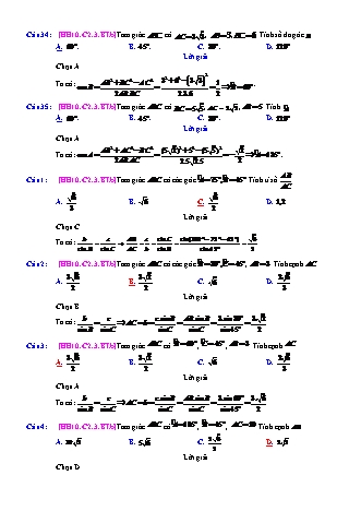Trắc nghiệm Hình học Lớp 10 tách từ đề thi thử THPT Quốc gia - Chương 2 - Bài 3: Các hệ thức lượng trong tam giác và giải tam giác - Mức độ 2.2 - Năm học 2017-2018 (Có đáp án)