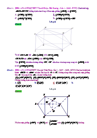 Trắc nghiệm Hình học Lớp 11 tách từ đề thi thử THPT Quốc gia - Chương 2 - Bài 4: Hai mặt phẳng song song - Mức độ 2.2 - Năm học 2017-2018 (Có đáp án)