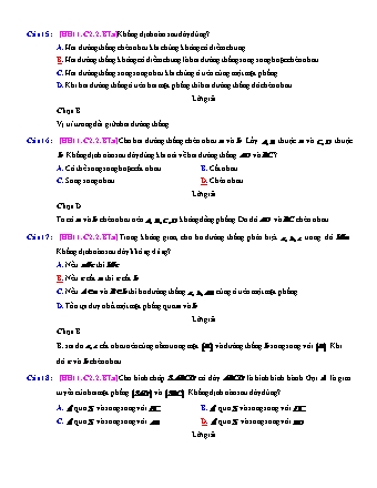 Trắc nghiệm Hình học Lớp 11 tách từ đề thi thử THPT Quốc gia - Chương 2 - Bài 2: Hai đường thẳng chéo nhau và song song - Mức độ 1.1 - Năm học 2017-2018 (Có đáp án)