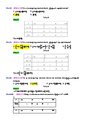 Trắc nghiệm Đại số Lớp 10 tách từ đề thi thử THPT Quốc gia - Chương 4 - Chủ đề 6: Dấu của tam thức bậc hai - Dạng 2: Xét dấu, bảng xét dấu của 1 tam thức bậc 2 - Mức độ 2 - Năm học 2017-2018 (Có đáp án)