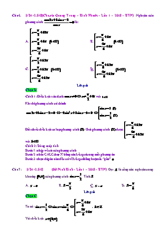 Trắc nghiệm Đại số Lớp 11 tách từ đề thi thử THPT Quốc gia - Chương 1 - Chủ đề 2: Phương trình lượng giác cơ bản - Dạng 5: Phương trình lượng giác cơ bản có nghiệm thỏa mãn điều kiện - Mức độ 2 - Năm học 2017-2018 (Có đáp án)