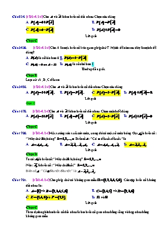 Trắc nghiệm Đại số Lớp 11 tách từ đề thi thử THPT Quốc gia - Chương 2 - Chủ đề 4: Biến cố. Xác suất của biến cố - Dạng 2: Mối liên hệ giữa các biến cố - Mức độ 1 - Năm học 2017-2018 (Có đáp án)