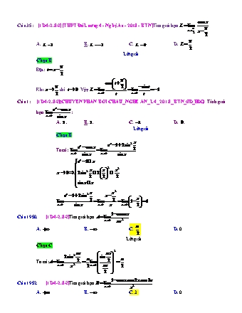 Trắc nghiệm Đại số Lớp 11 tách từ đề thi thử THPT Quốc gia - Chương 4 - Chủ đề 2: Giới hạn của hàm số - Dạng 8: Giới hạn hàm số lượng giác - Mức độ 2 - Năm học 2017-2018 (Có đáp án)