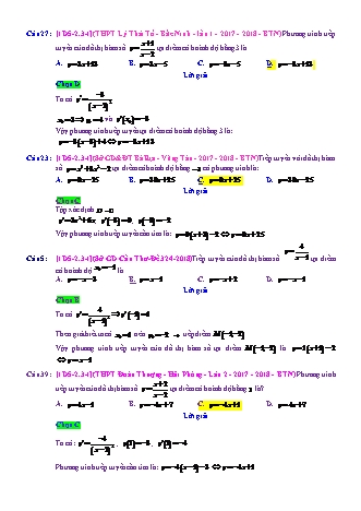 Trắc nghiệm Đại số Lớp 11 tách từ đề thi thử THPT Quốc gia - Chương 5 - Chủ đề 2: Bài toán tiếp tuyến của đường cong - Dạng 3: Tiếp tuyến tại điểm - Mức độ 1 - Năm học 2017-2018 (Có đáp án)