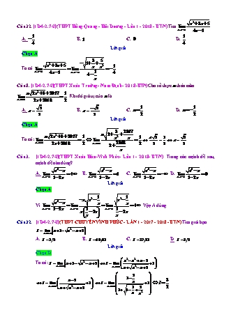 Trắc nghiệm Đại số Lớp 11 tách từ đề thi thử THPT Quốc gia - Chương 4 - Chủ đề 2: Giới hạn của hàm số - Dạng 7: Giới hạn tại vô cực - Mức độ 2 - Năm học 2017-2018 (Có đáp án)