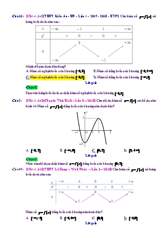 Trắc nghiệm Đại số Lớp 12 tách từ đề thi thử THPT Quốc gia - Chương 1 - Chủ đề 1: Tính đơn điệu - Dạng 3: Xét tính đơn điệu của hàm số (biết đồ thị, bảng biến thiên) - Mức độ 1 - Năm học 2017-2018 (Có đáp án)