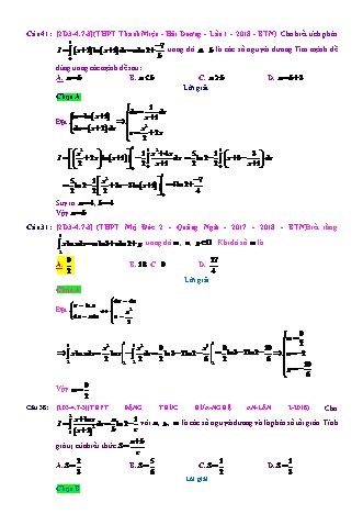 Trắc nghiệm Đại số Lớp 12 tách từ đề thi thử THPT Quốc gia - Chương 3 - Chủ đề 4: Phương pháp tính tích phân - Dạng 7: Phương pháp từng phần với (u= lôgarit) - Mức độ 3 - Năm học 2017-2018 (Có đáp án)