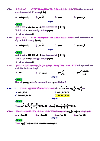 Trắc nghiệm Đại số Lớp 12 tách từ đề thi thử THPT Quốc gia - Chương 2 - Chủ đề 7: Toán tổng hợp về mũ và lôgarit - Dạng 1: Các bài toán tổng hợp về mũ và lôgarit - Mức độ 1 - Năm học 2017-2018 (Có đáp án)