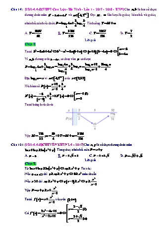 Trắc nghiệm Đại số Lớp 12 tách từ đề thi thử THPT Quốc gia - Chương 2 - Chủ đề 4: Hàm số mũ. Hàm số lôgarit - Dạng 4: Toán Max, Min (nhiều biến) liên quan mũ và lôgarit - Mức độ 3 - Năm học 2017-2018 (Có đáp án)