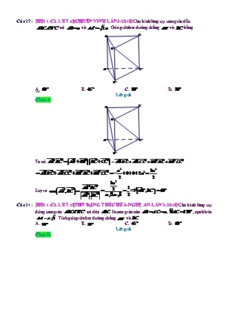 Trắc nghiệm Hình học Lớp 11 tách từ đề thi thử THPT Quốc gia - Chương 3 - Bài 2: Hai đường thẳng vuông góc - Mức độ 3.3 - Năm học 2017-2018 (Có đáp án)