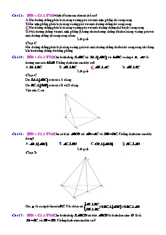 Trắc nghiệm Hình học Lớp 11 tách từ đề thi thử THPT Quốc gia - Chương 3 - Bài 3: Đường thẳng vuông góc với mặt phẳng - Mức độ 2.5 - Năm học 2017-2018 (Có đáp án)