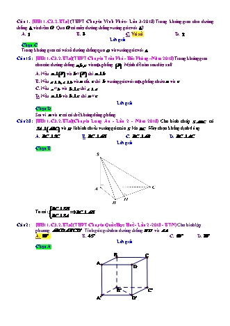 Trắc nghiệm Hình học Lớp 11 tách từ đề thi thử THPT Quốc gia - Chương 3 - Bài 2: Hai đường thẳng vuông góc - Mức độ 1.2 - Năm học 2017-2018 (Có đáp án)