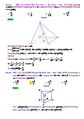 Trắc nghiệm Hình học Lớp 11 tách từ đề thi thử THPT Quốc gia - Chương 3 - Bài 5: Khoảng cách - Mức độ 2.2 - Năm học 2017-2018 (Có đáp án)