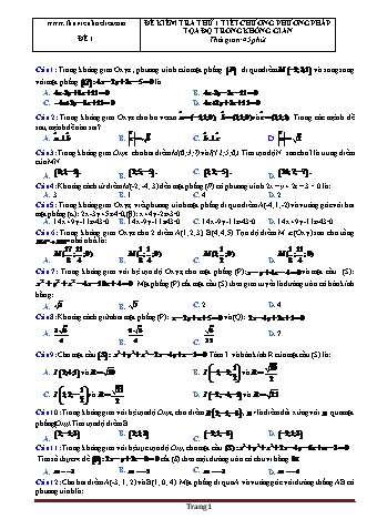 10 Đề kiểm tra thử 1 tiết Hình học Lớp 12 - Chương 3: Phương pháp tọa độ trong không gian (Có đáp án)