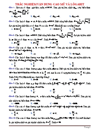 110 Câu trắc nghiệm Toán Lớp 12 - Mũ và Lôgarit (Có đáp án)