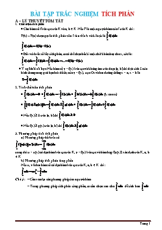 205 Câu trắc nghiệm Toán Lớp 12 - Tích phân (Có đáp án)