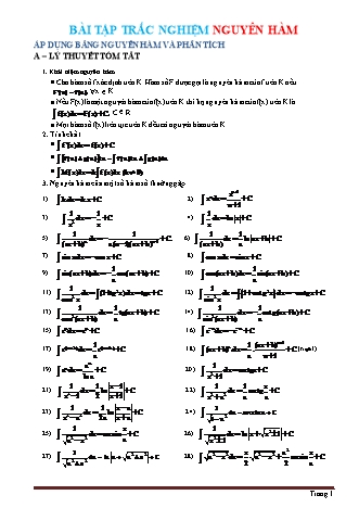 260 Câu trắc nghiệm Toán Lớp 12 - Nguyên hàm (Có đáp án)