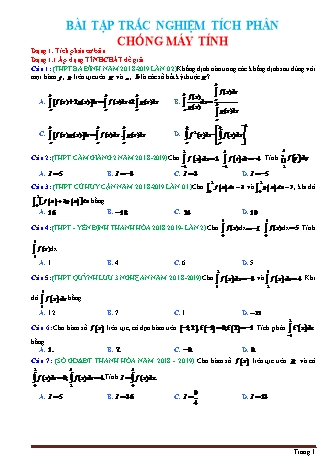 275 Câu trắc nghiệm Toán Lớp 12 - Tích phân