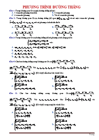 90 Câu trắc nghiệm Toán Lớp 12 - Phương trình đường thẳng trong không gian (Có lời giải)
