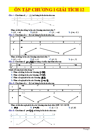 Bài tập trắc nghiệm Giải tích Lớp 12 - Ôn tập chương 1 (Có đáp án)