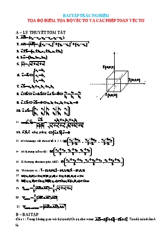 Bài tập trắc nghiệm Hình học Lớp 12 - Tọa độ điểm, tọa độ véctơ và các phép toán véctơ (Có đáp án)