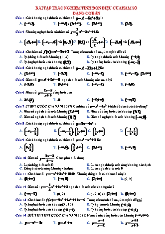 Bài tập trắc nghiệm môn Toán Lớp 12 - Tính đơn điệu của hàm số