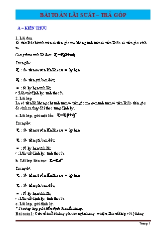Bài tập trắc nghiệm Toán Lớp 12 - Bài toán lãi suất. Trả góp (Có đáp án)
