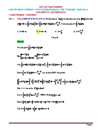 Bài tập trắc nghiệm Toán Lớp 12 - Nguyên hàm tích phân. Diện tích hình phẳng. Thể tích khối tròn xoay (Có lời giải)