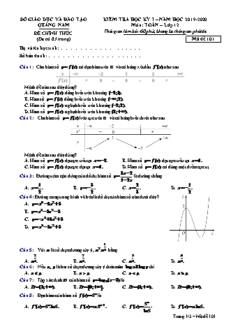 Đề thi Học kì 1 môn Toán Lớp 12 - Năm học 2019-2020 - Sở giáo dục và đào tạo Quảng Nam (Có đáp án)