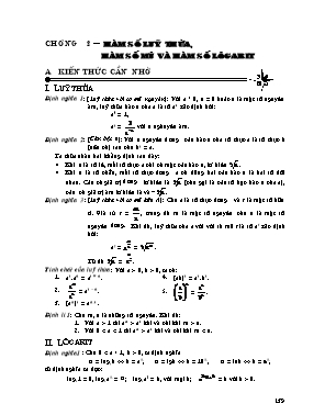 Kiến thức trọng tâm Giải tích Lớp 12 - Chương 2: Hàm số luỹ thừa, hàm số mũ và hàm số lôgarit