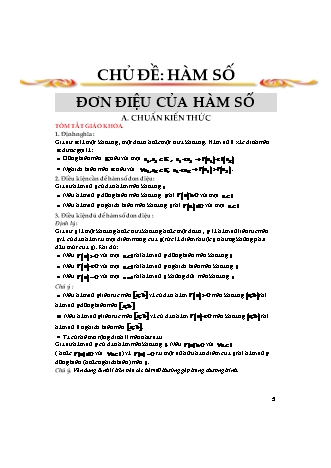 Kiến thức trọng tâm và phương pháp giải toán Khảo sát hàm số và ứng dụng đạo hàm Lớp 12 - Chủ đề 1, Phần 1: Đơn điệu của hàm số (Có hướng dẫn)