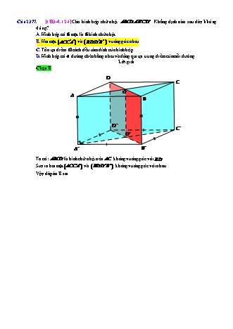 Trắc nghiệm Hình học Lớp 11 tách từ đề thi thử THPT Quốc gia - Chương 3 - Chủ đề 4: Hai mặt phẳng vuông góc - Dạng 12: Quan hệ vuông góc trong hình hộp chữ nhật, hình lập phương - Mức độ 1 - Năm học 2017-2018 (Có đáp án)