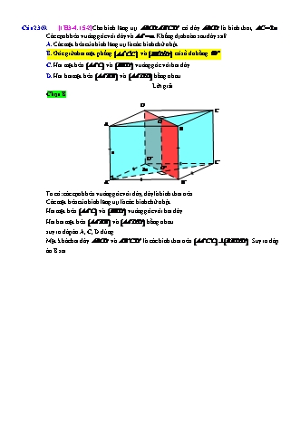 Trắc nghiệm Hình học Lớp 11 tách từ đề thi thử THPT Quốc gia - Chương 3 - Chủ đề 4: Hai mặt phẳng vuông góc - Dạng 15: Quan hệ vuông góc trong hình lăng trụ khác - Mức độ 2 - Năm học 2017-2018 (Có đáp án)