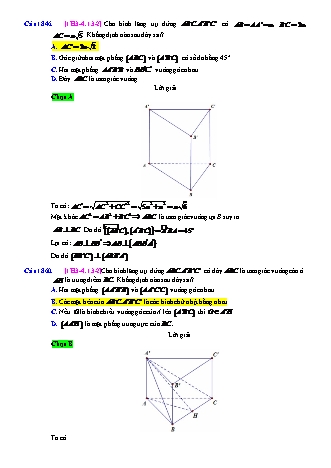 Trắc nghiệm Hình học Lớp 11 tách từ đề thi thử THPT Quốc gia - Chương 3 - Chủ đề 4: Hai mặt phẳng vuông góc - Dạng 13: Quan hệ vuông góc trong hình lăng trụ đứng (không đều) - Mức độ 2 - Năm học 2017-2018 (Có đáp án)