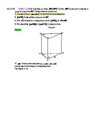 Trắc nghiệm Hình học Lớp 11 tách từ đề thi thử THPT Quốc gia - Chương 3 - Chủ đề 4: Hai mặt phẳng vuông góc - Dạng 13: Quan hệ vuông góc trong hình lăng trụ đứng (không đều) - Mức độ 1 - Năm học 2017-2018 (Có đáp án)