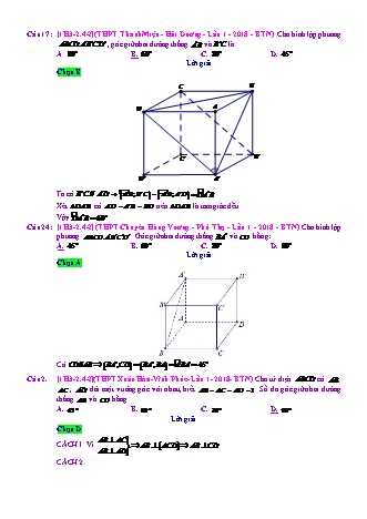 Trắc nghiệm Hình học Lớp 11 tách từ đề thi thử THPT Quốc gia - Chương 3 - Chủ đề 2: Hai đường thẳng vuông góc - Dạng 4: Góc giữa hai đường thẳng - Mức độ 2 - Năm học 2017-2018 (Có đáp án)
