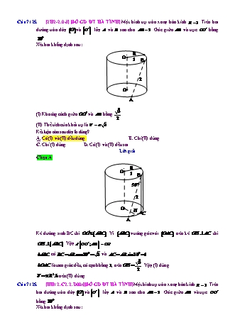 Trắc nghiệm Hình học Lớp 12 tách từ đề thi thử THPT Quốc gia - Chương 2 - Chủ đề 2: Khối trụ - Câu hỏi chưa phân dạng - Mức độ 3 - Năm học 2017-2018 (Có đáp án)