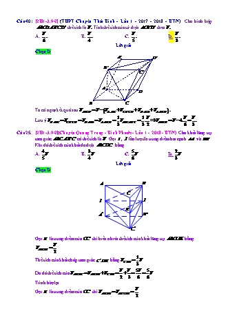 Trắc nghiệm Hình học Lớp 12 tách từ đề thi thử THPT Quốc gia - Chương 1 - Chủ đề 3: Thể tích khối lăng trụ - Dạng 9: Khối da diện cắt ra từ khối lăng trụ - Mức độ 2 - Năm học 2017-2018 (Có đáp án)