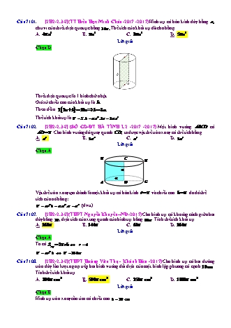Trắc nghiệm Hình học Lớp 12 tách từ đề thi thử THPT Quốc gia - Chương 2 - Chủ đề 2: Khối trụ - Dạng 3: Tính thể tích khối trụ, khối liên quan trụ - Mức độ 2 - Năm học 2017-2018 (Có đáp án)